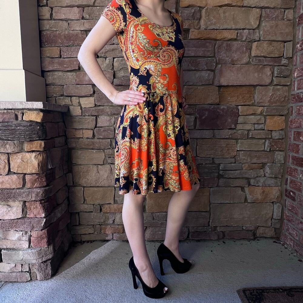 Ralph Lauren Jersey Paisley Orange Navy Blue Fit and Flare Dress Petite Small - Picture 1 of 9